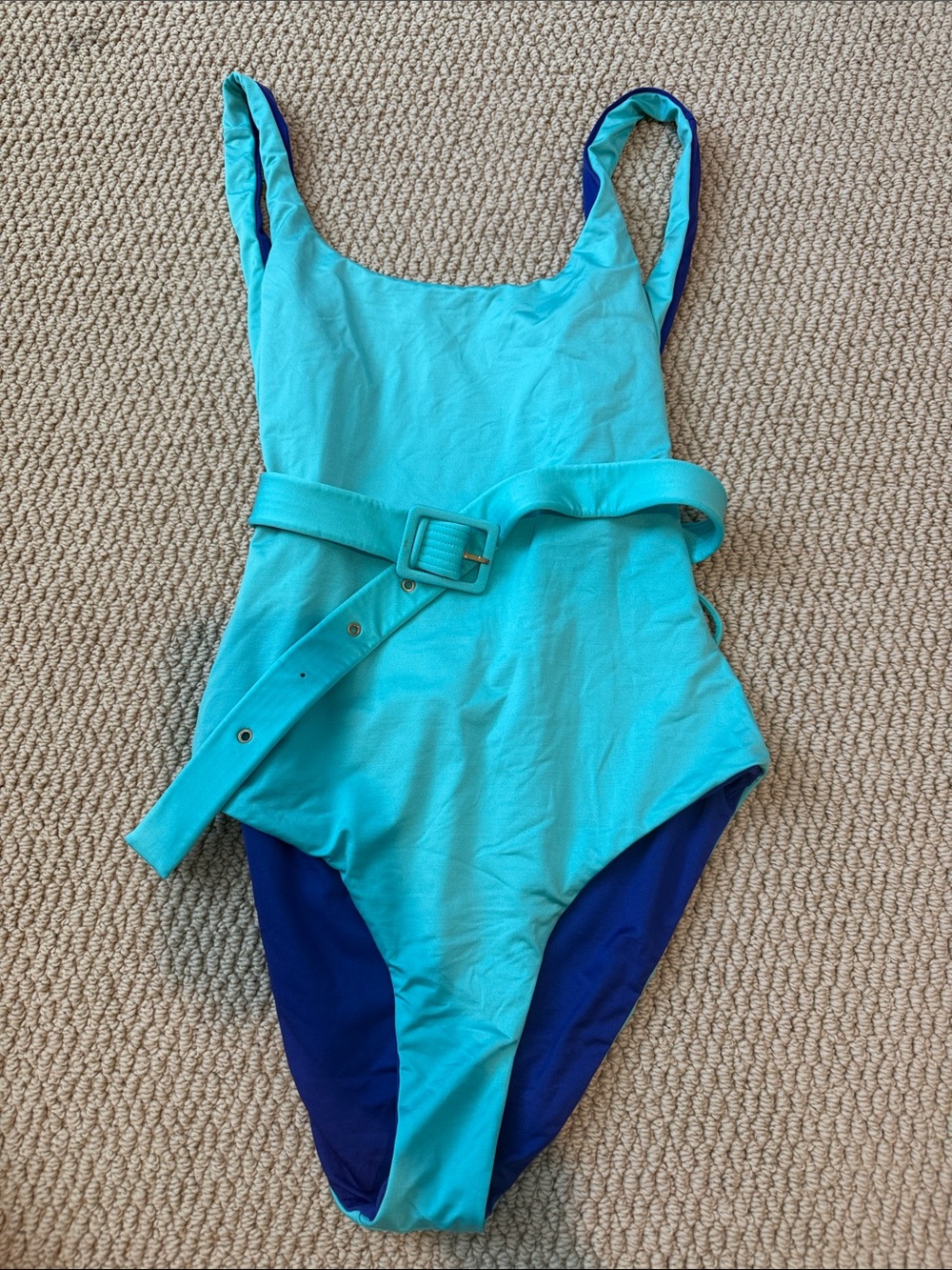 Turquoise & Navy Reversible One-Piece Swimsuit with Belt
